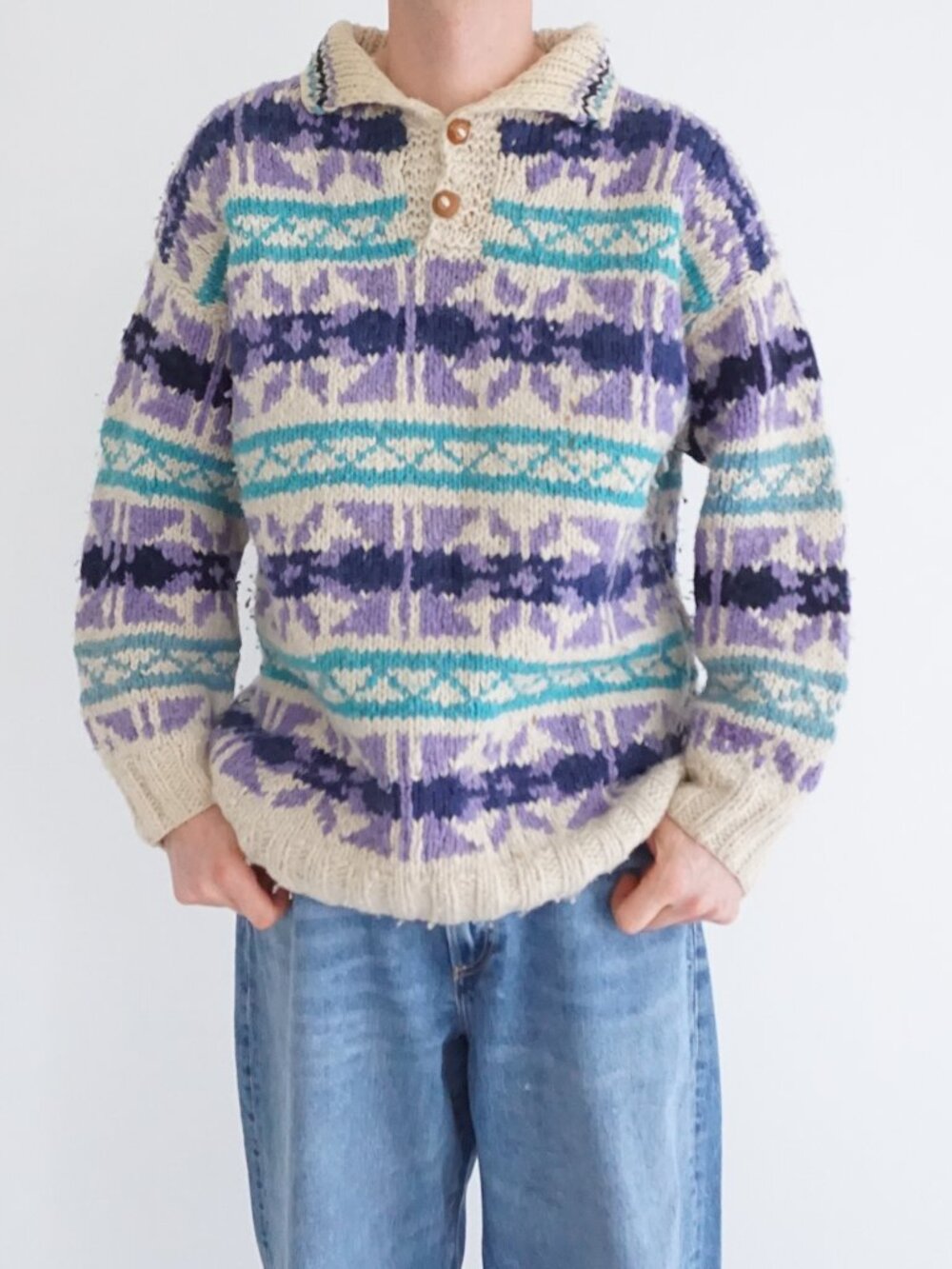Los Mayas Cream Purple Geometric Collared Wool Knit Ecuador Sweater Nordic M